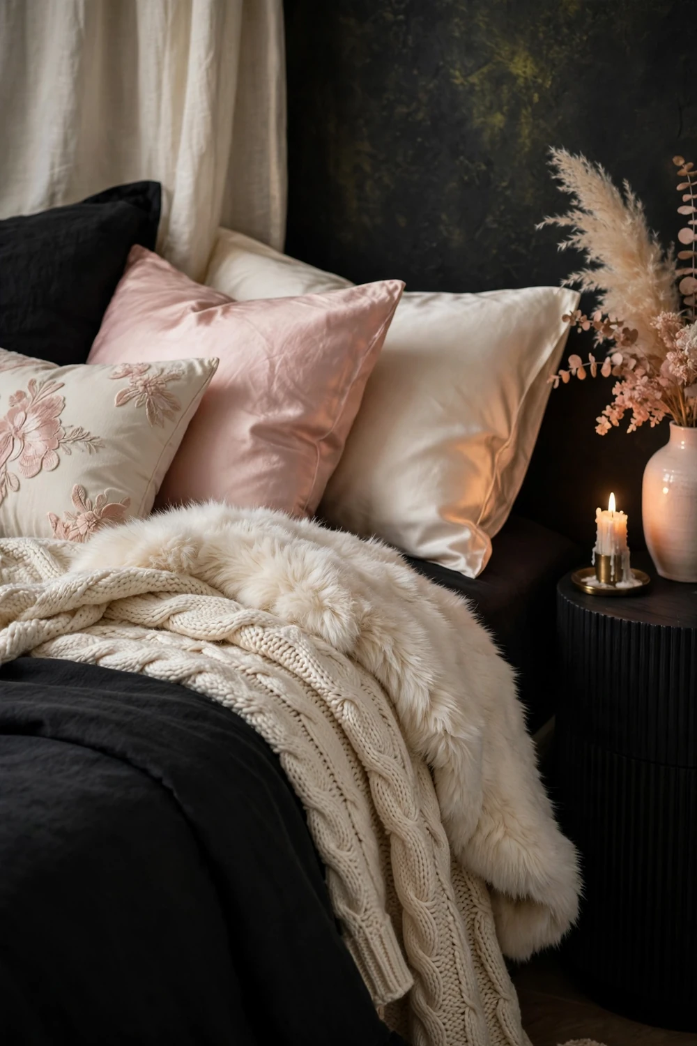 Bed corner with faux fur throw knit blanket and silk pillows on black bedding
