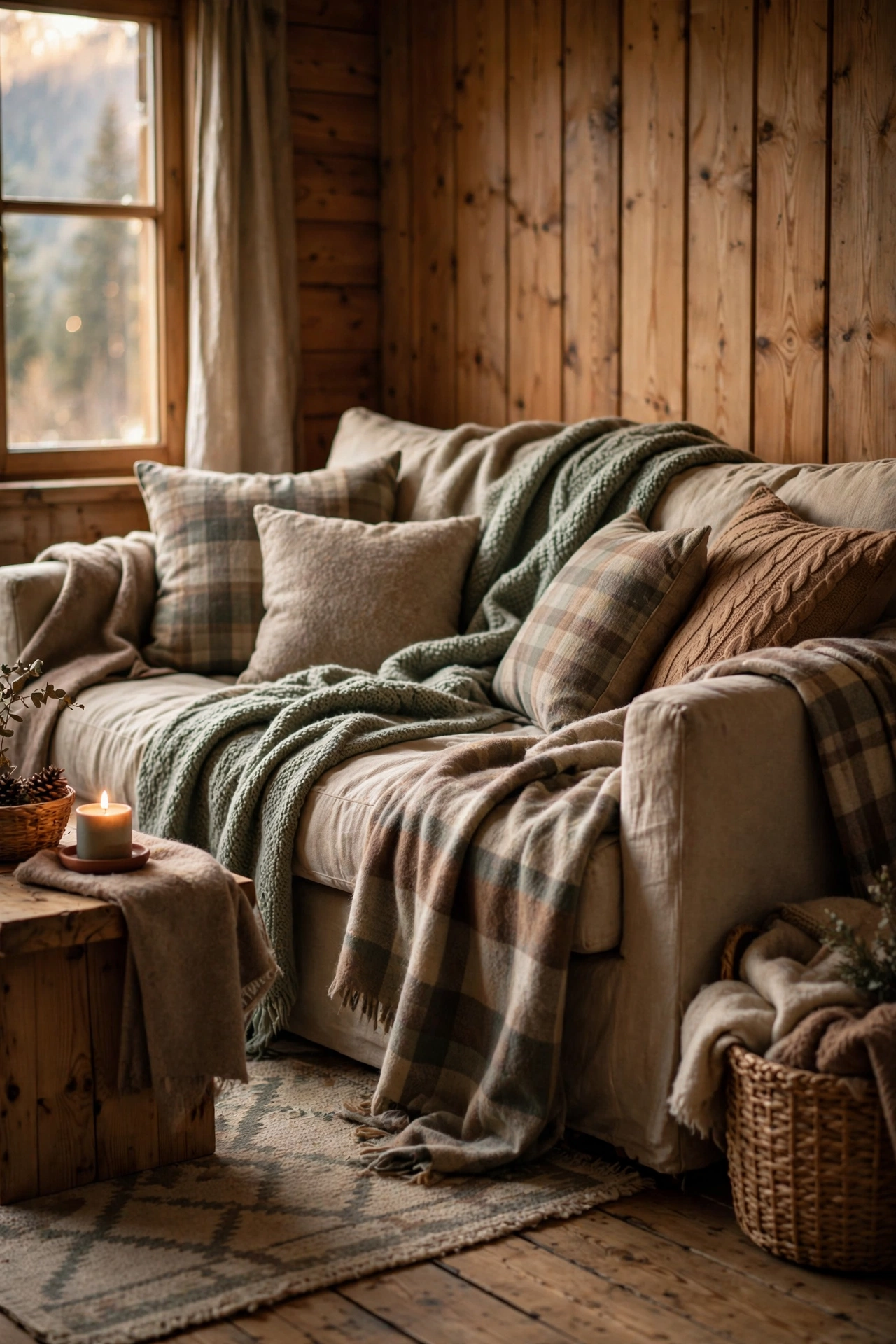 Cozy cabin sofa layered with wool throws and plaid blankets against pine walls