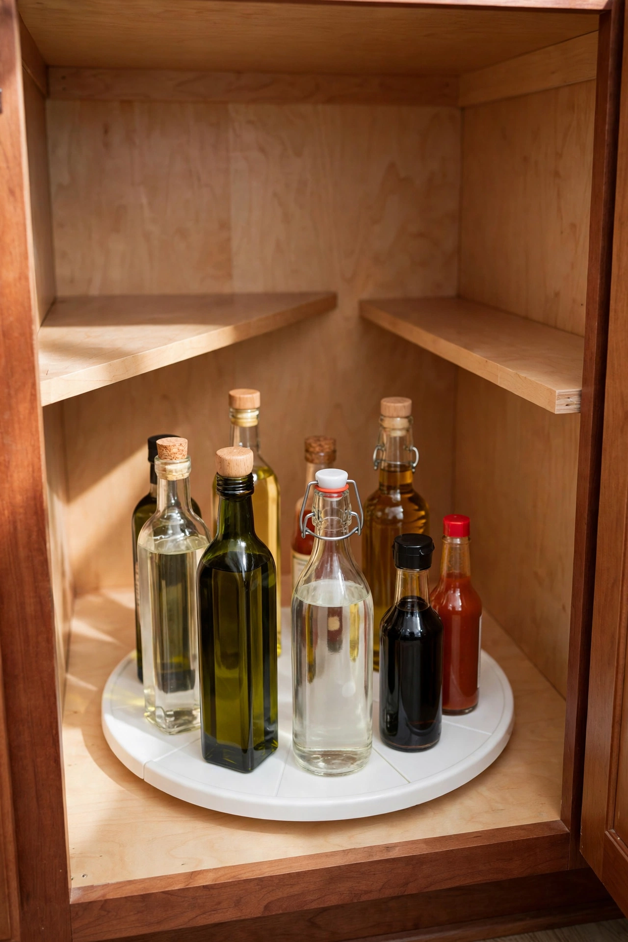 Lazy Susan turntable inside a deep kitchen cabinet organizing oils and vinegars