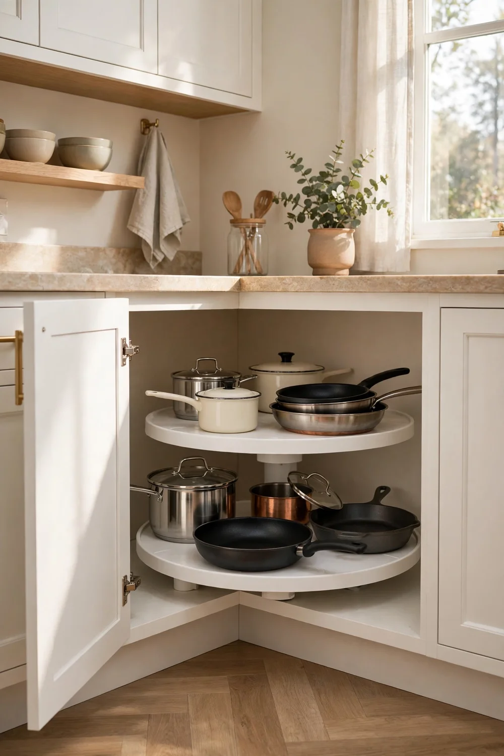 Kitchen corner base cabinet with lazy Susan turntable holding pots and pans