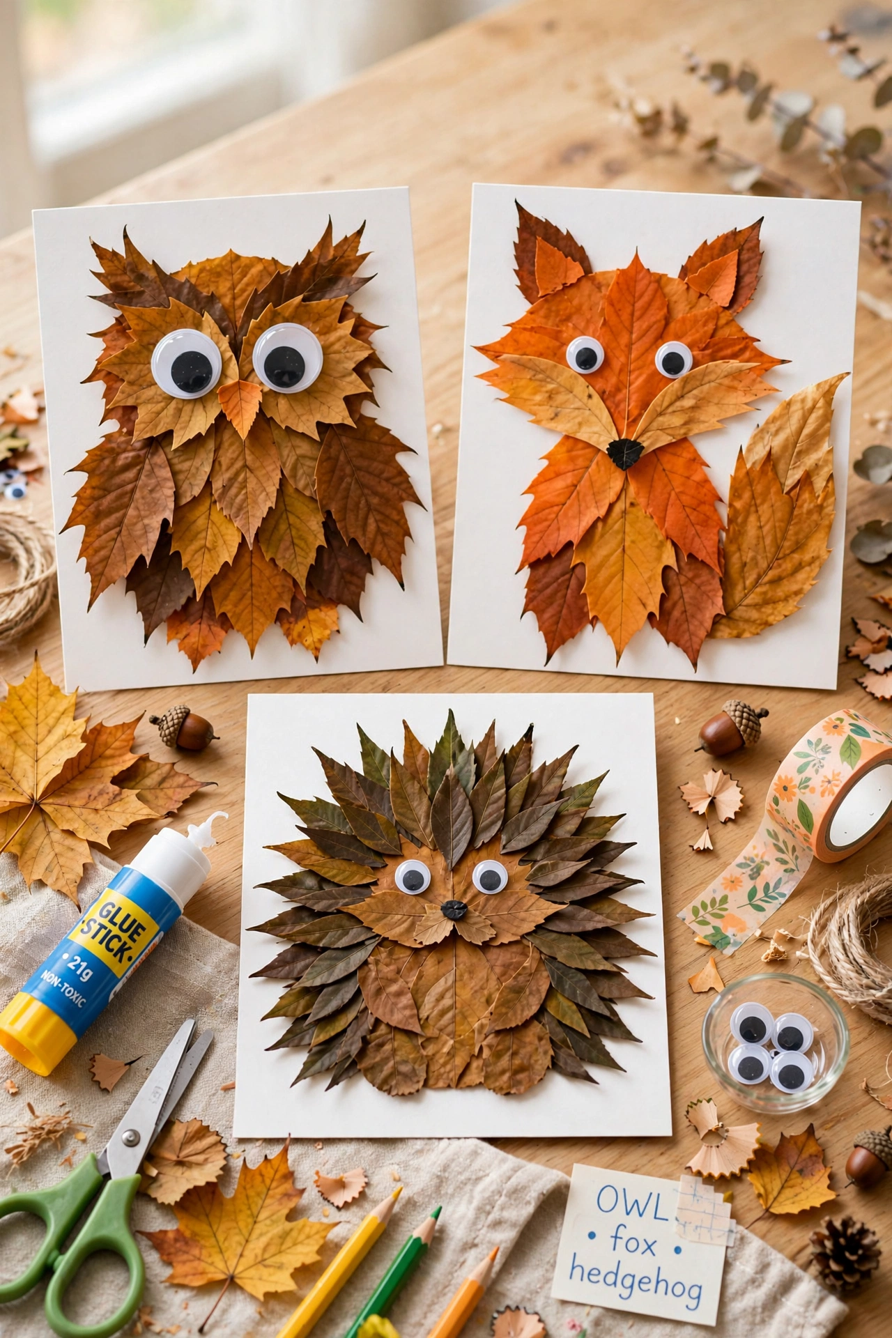 Cute owl fox and hedgehog figures made from glued fall leaves with googly eyes