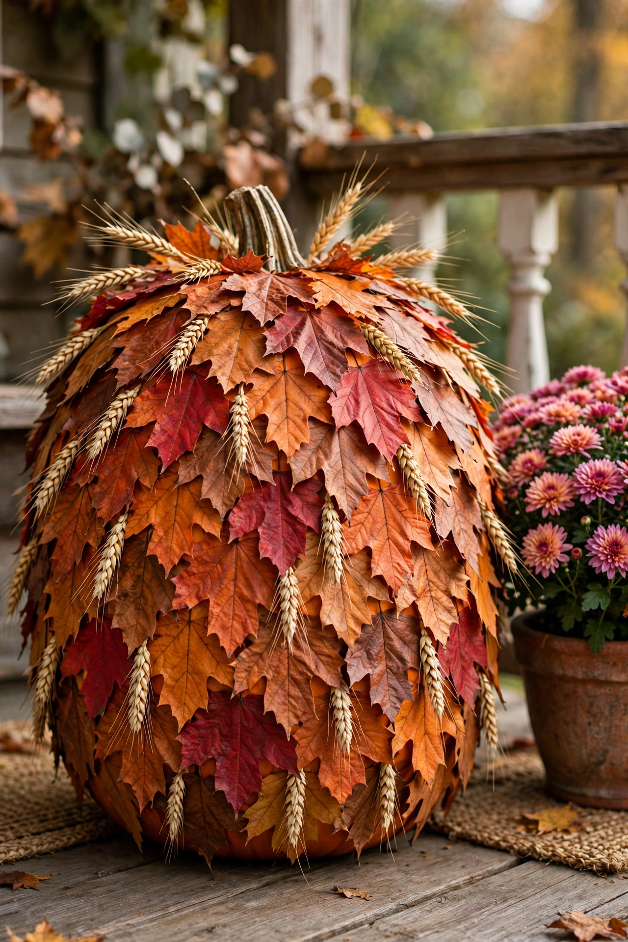 Faux pumpkin completely covered in overlapping red and orange fall leaves with dried wheat stems