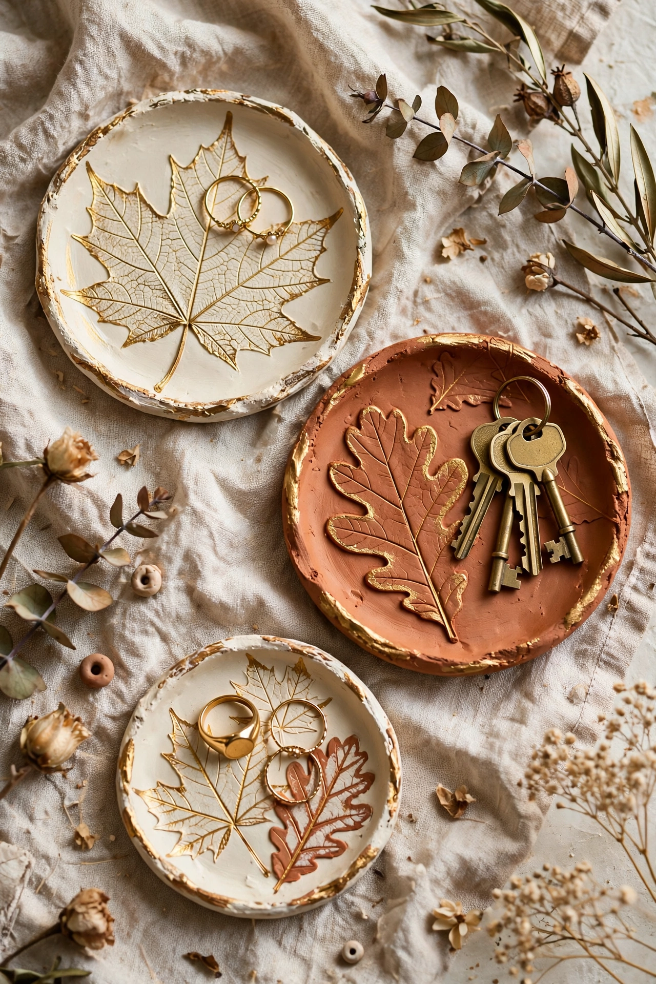 Air dry clay trinket dishes embossed with detailed leaf vein patterns painted in fall colors