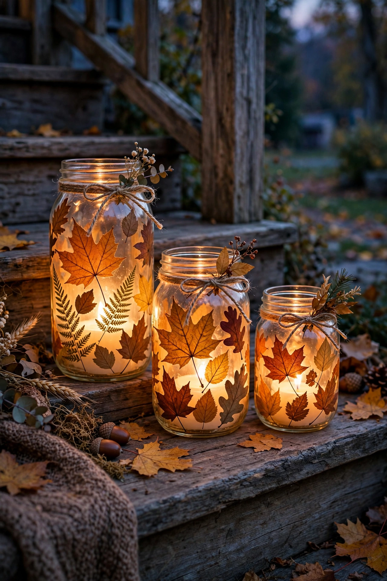 Mason jars decorated with pressed fall leaves glowing with battery tea lights on a porch step