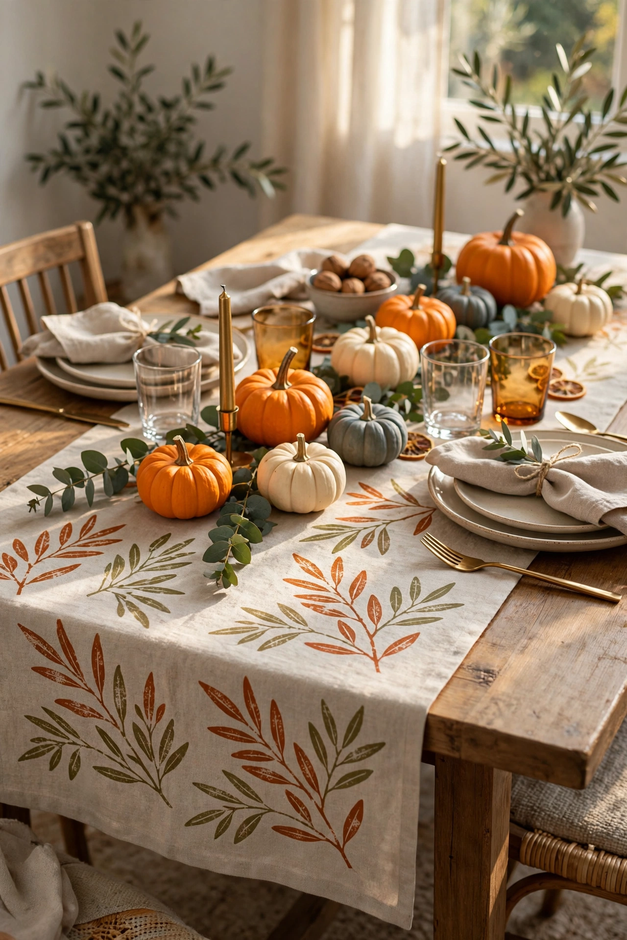 Linen table runner stamped with burnt orange and olive leaf prints on a fall dining table