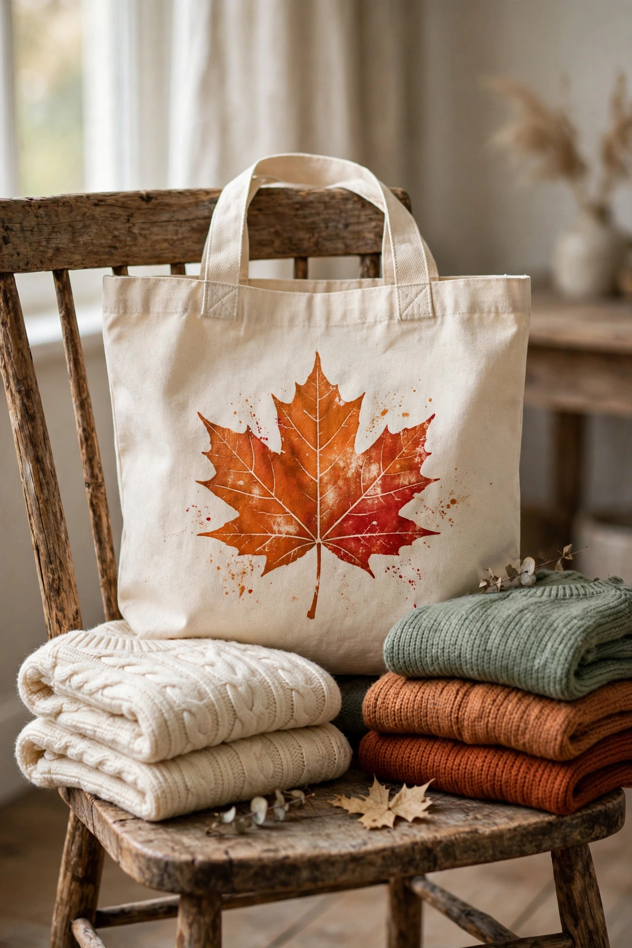 Canvas tote bag stamped with red and orange leaf prints in fabric paint