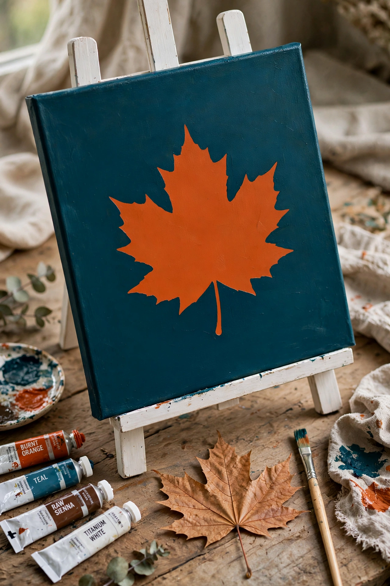 Canvas painting with a crisp leaf silhouette revealed against a burnt orange background