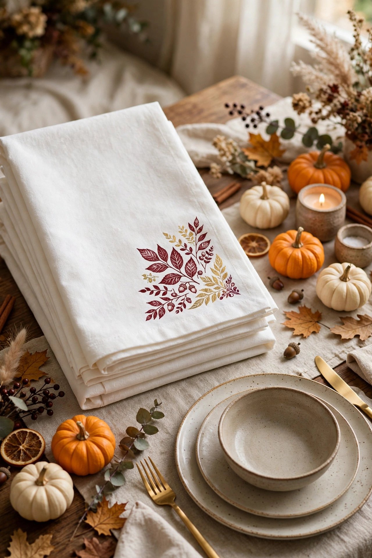 White cloth napkins stamped with burgundy and gold leaf prints folded beside fall tableware