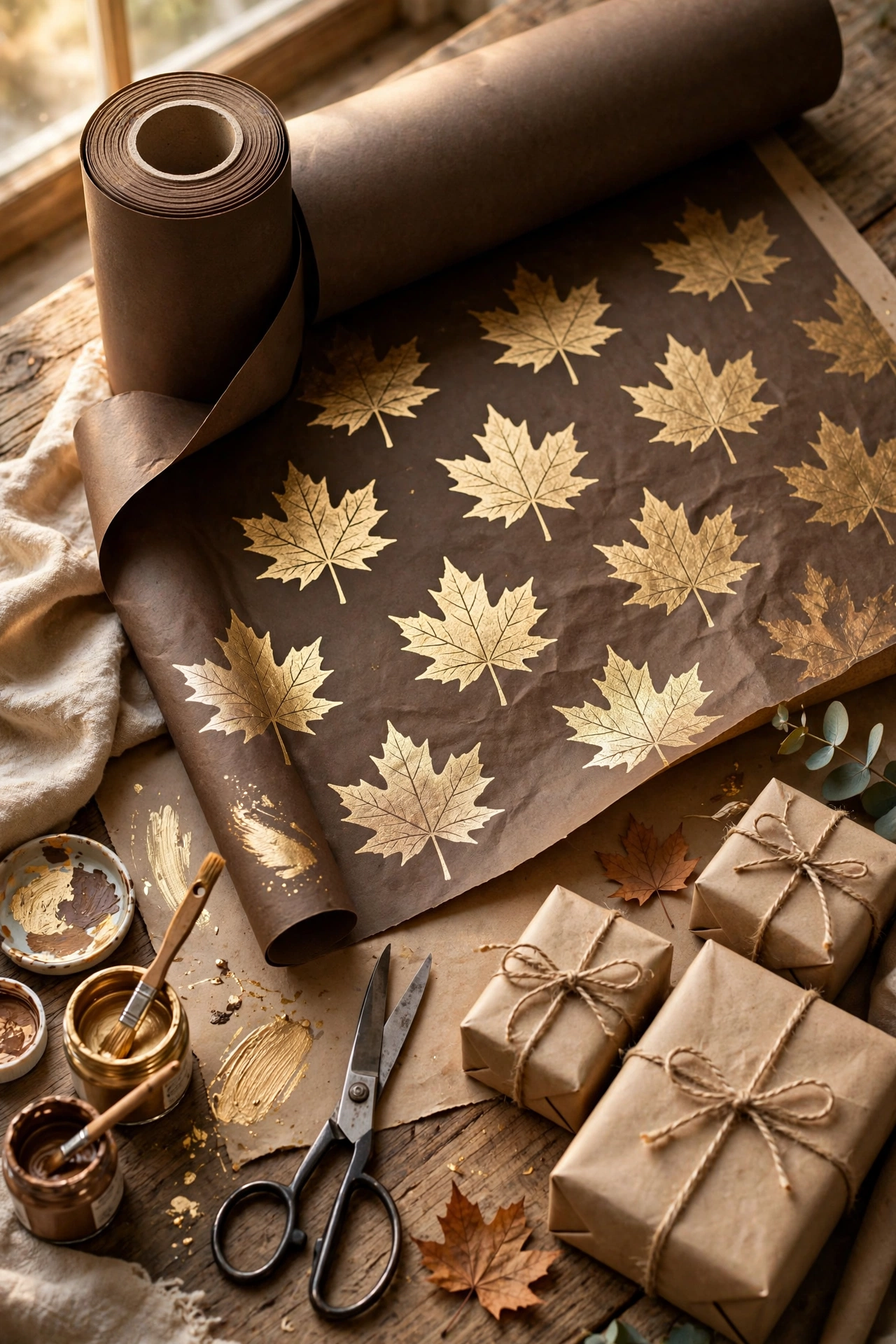 Kraft paper roll stamped with gold metallic leaf prints for fall gift wrapping