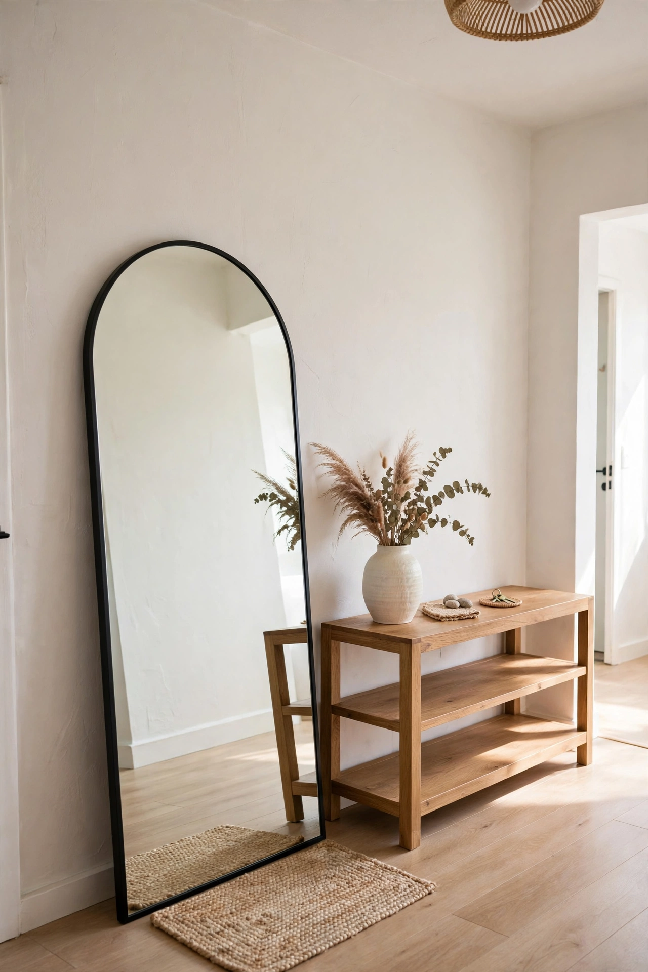 Rental entryway with large arched floor mirror leaning against the wall