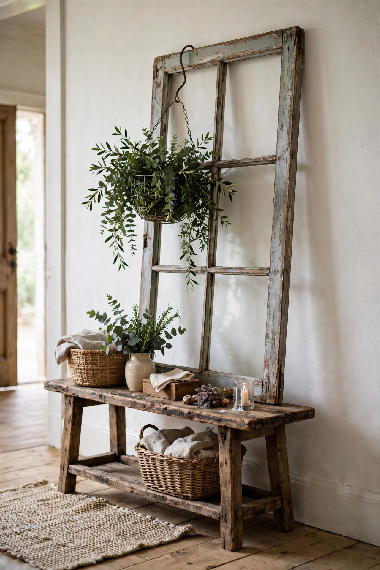 Tall weathered window leaning on the wall behind a console table with a basket