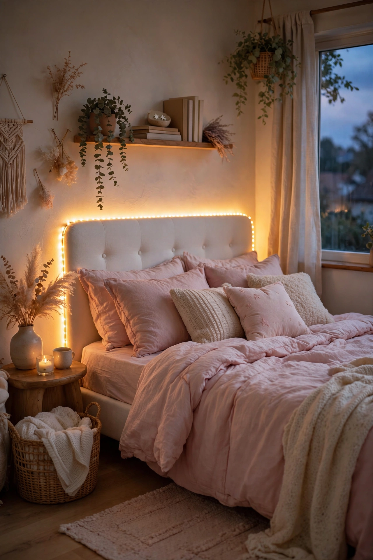 Teen bedroom at dusk with warm LED strip glowing behind a white upholstered headboard