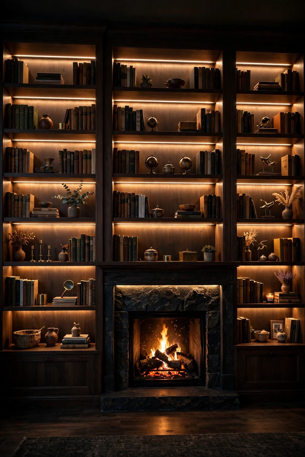 Built-in bookshelves with warm LED lighting on each shelf around a fireplace