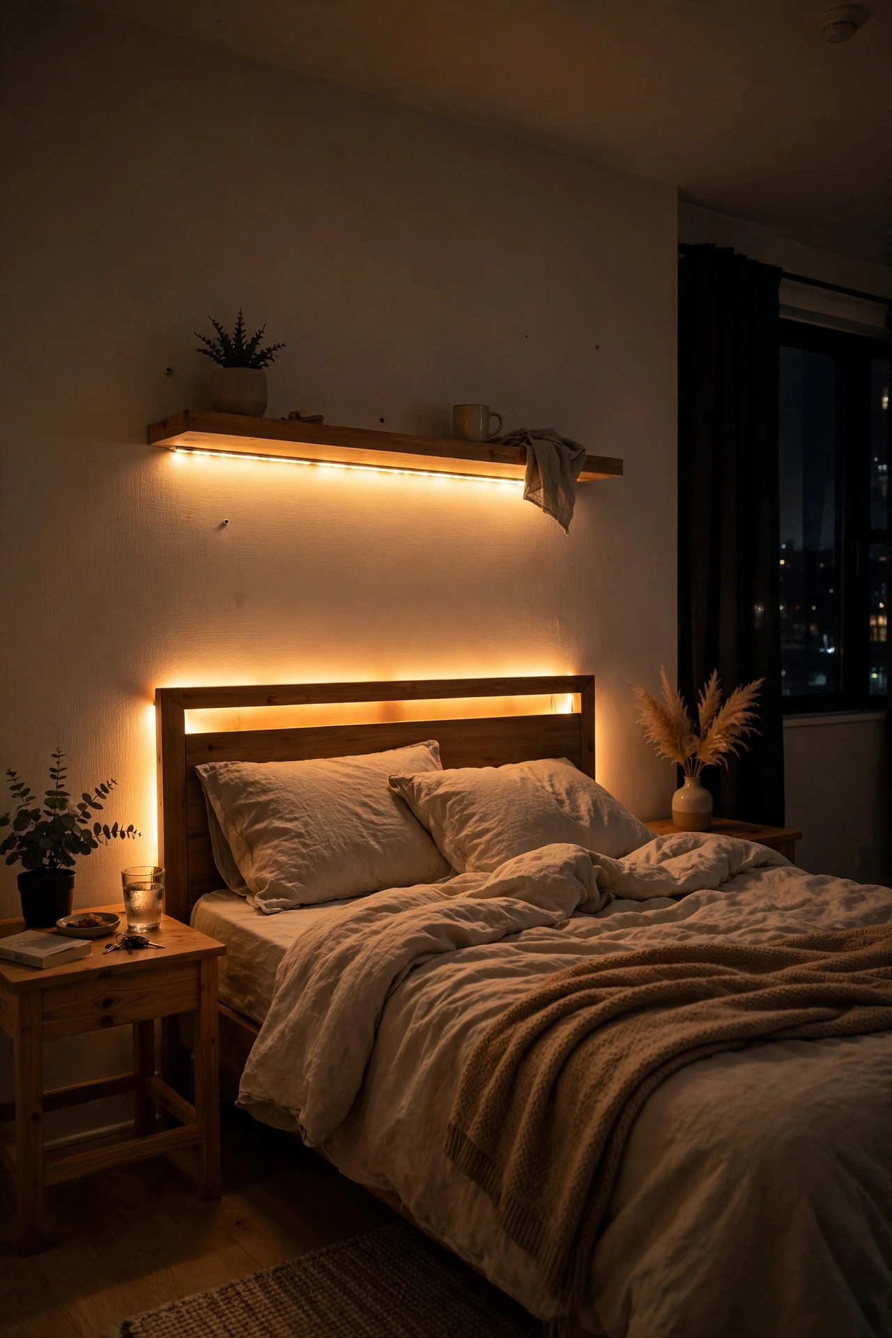 Rental bedroom at night with warm LED strip lights behind headboard