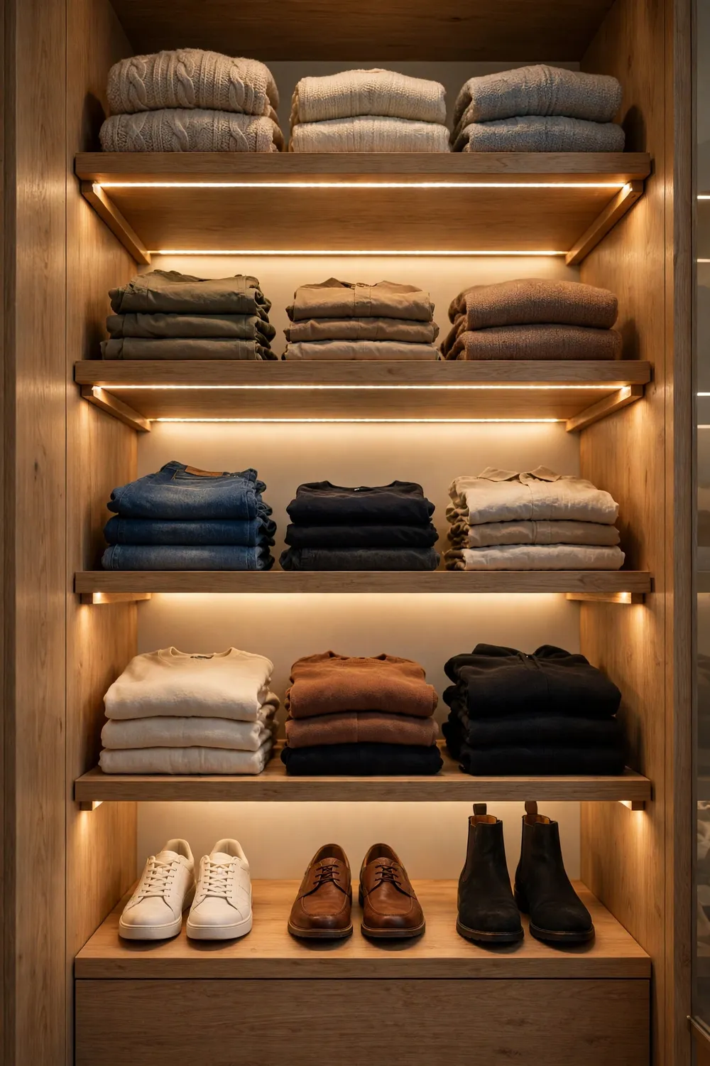LED strip lights installed under closet loft shelves illuminating clothes