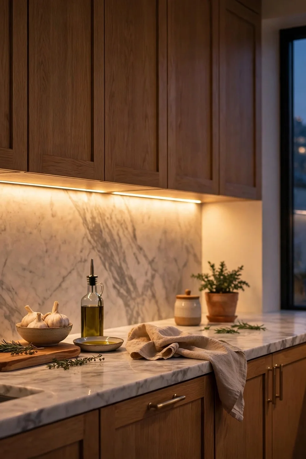 Kitchen at dusk with warm LED strips hidden under wall cabinets glowing onto the backsplash