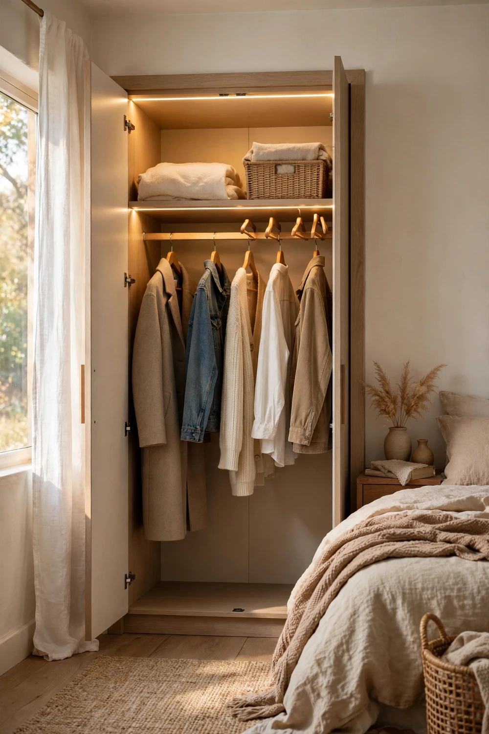 Open fitted wardrobe doors with warm LED strip lighting illuminating hanging clothes