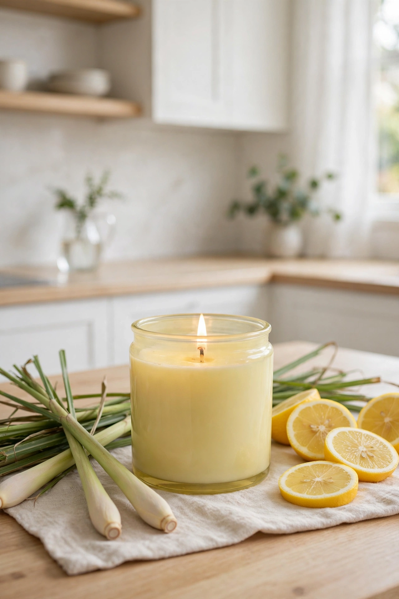 Fresh lemongrass scented candle in a pale yellow jar with lemongrass stalks