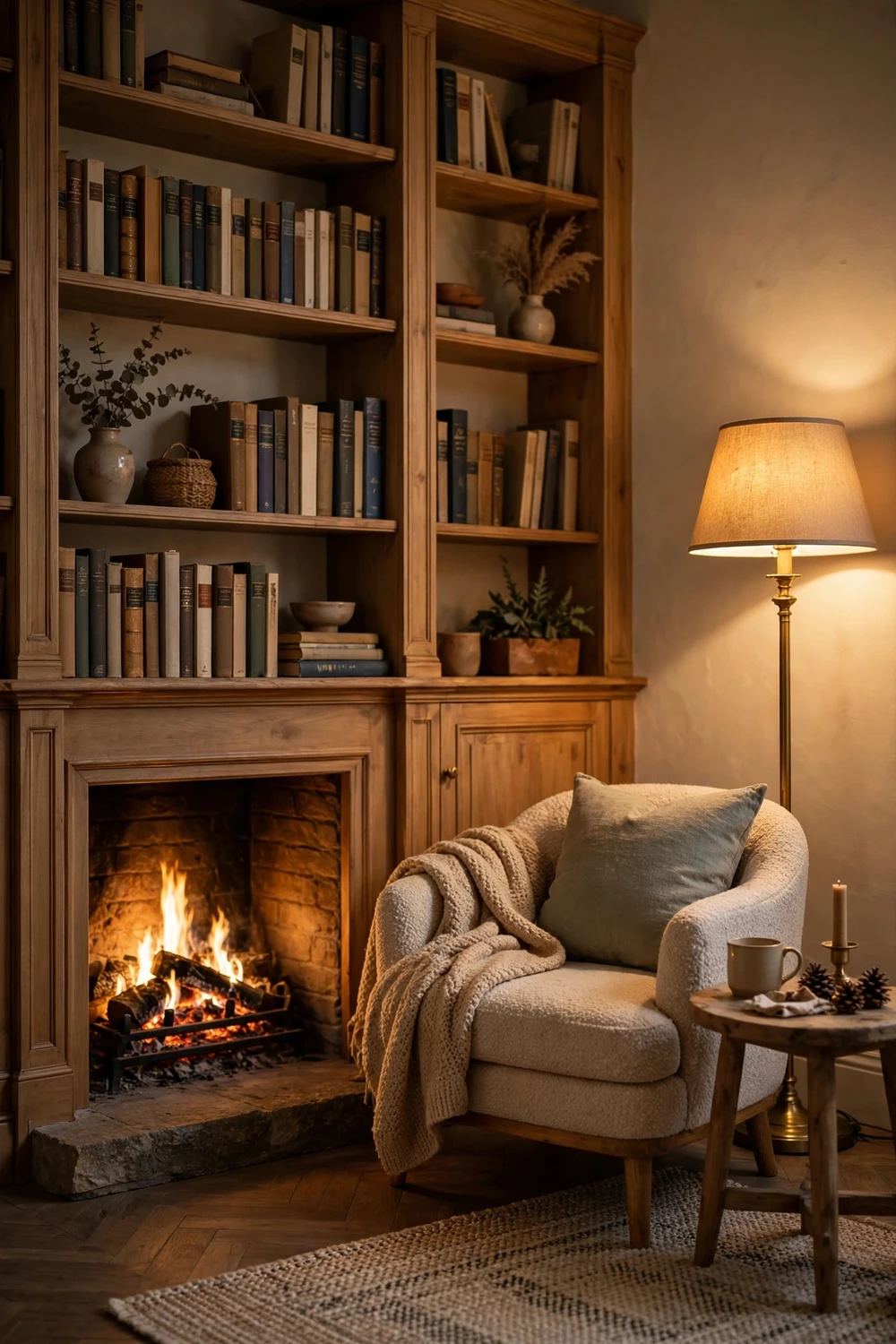 Cozy reading nook with armchair beside built-in bookshelves and fireplace
