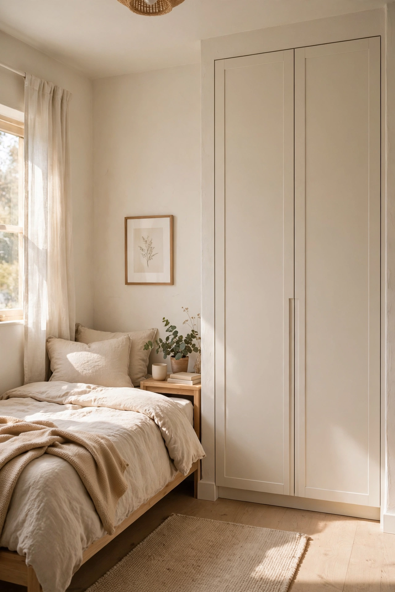 Small bedroom with a fitted wardrobe in light matte cream finish blending into the wall