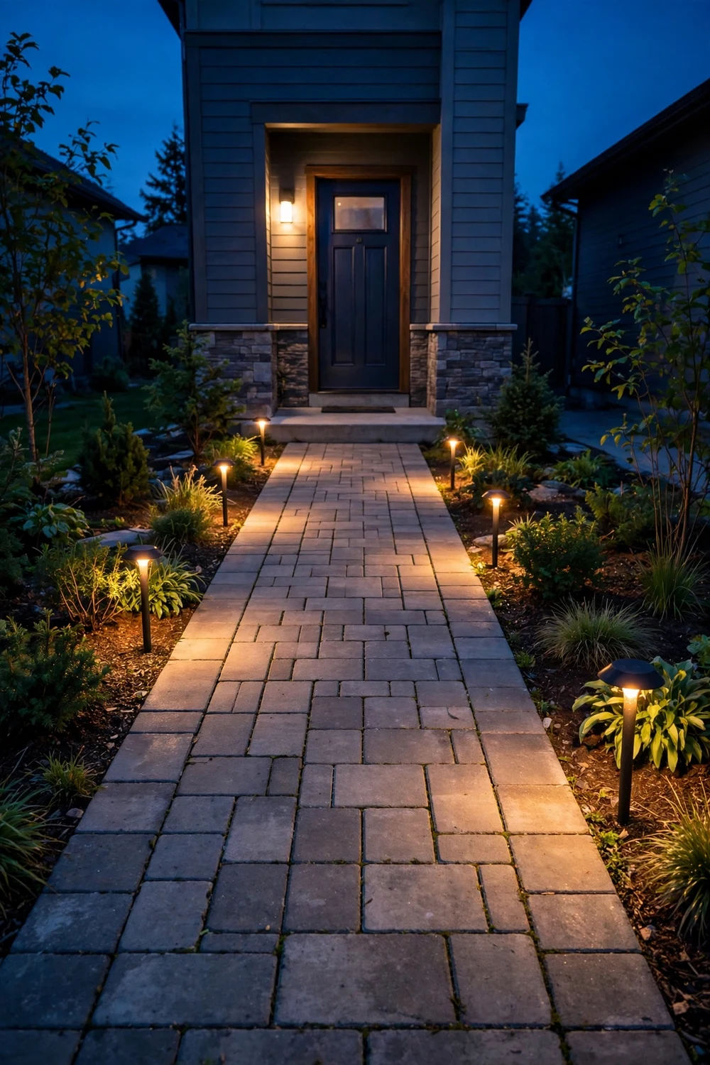 Concrete paver front walkway illuminated by warm landscape lighting at dusk