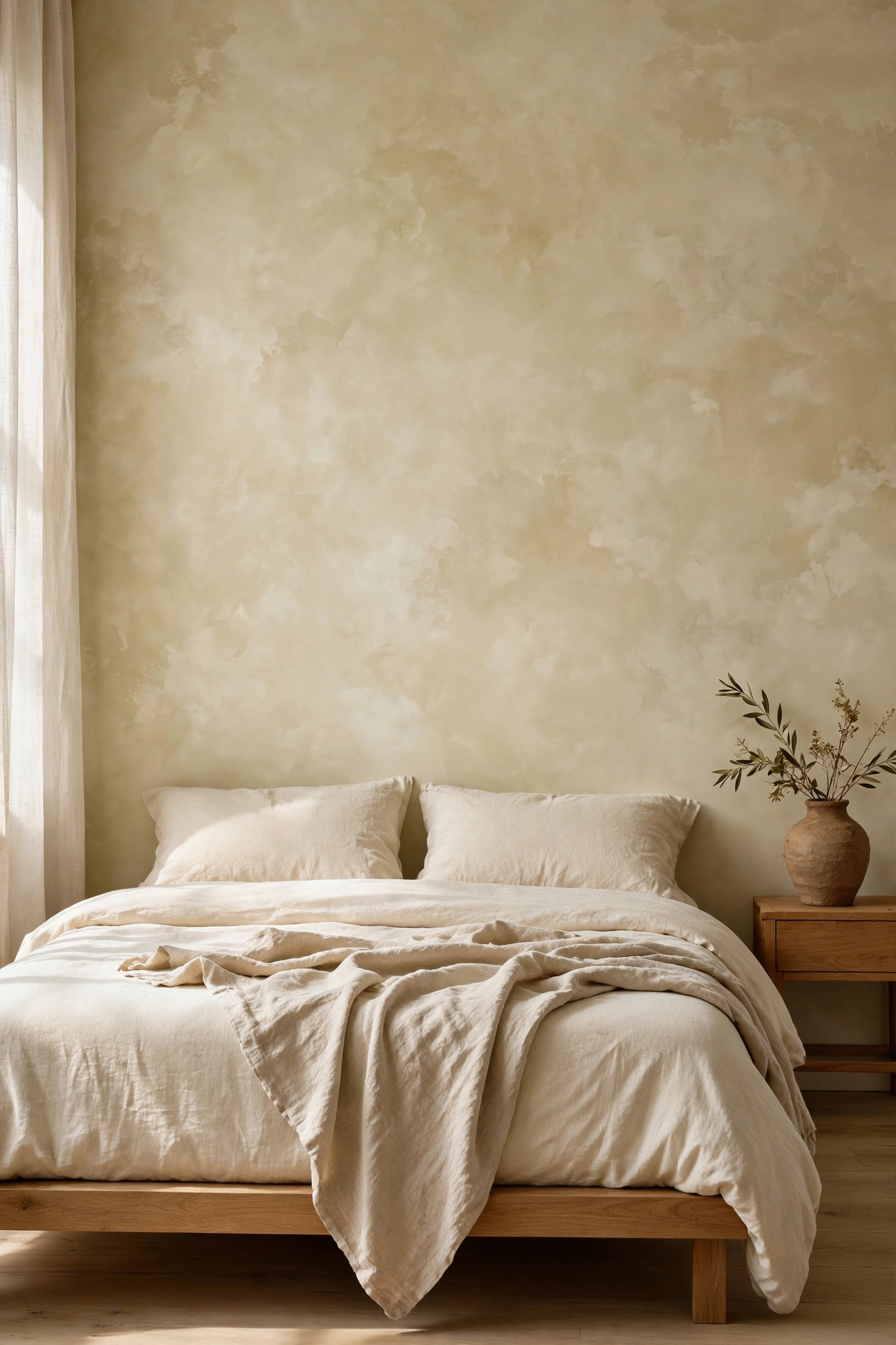 Bedroom wall with a soft limewash plaster texture in warm beige tones