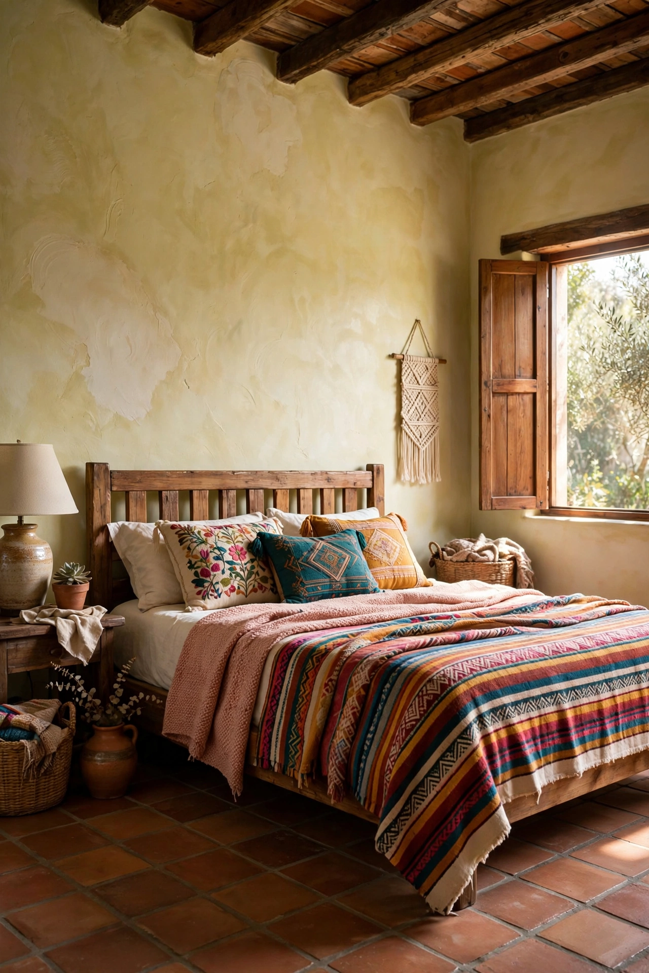 Cozy hacienda bedroom with warm limewashed plaster walls and colorful woven blankets