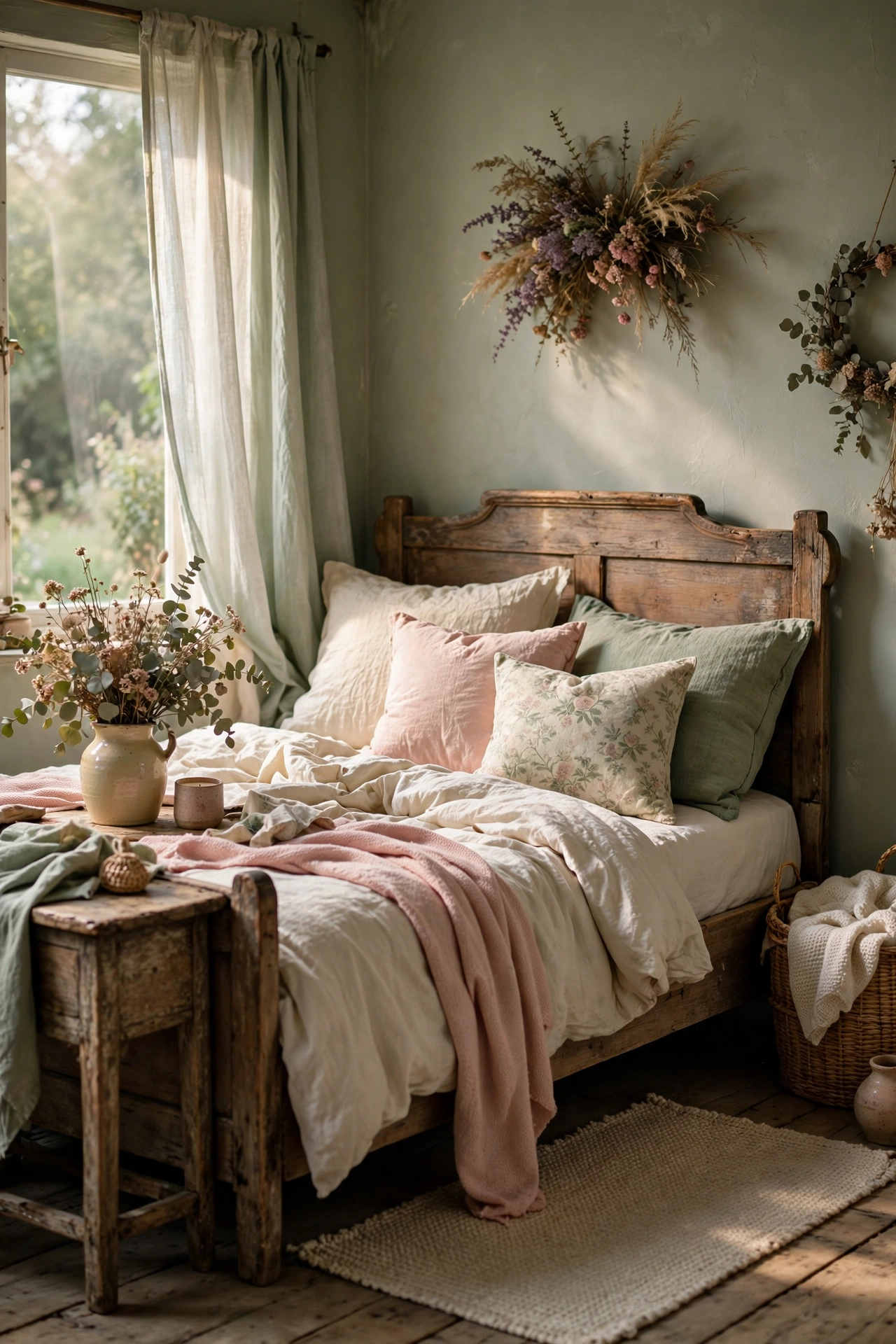 Rumpled cream linen bedding with layered floral pillows on a vintage wooden bed in a cottage bedroom