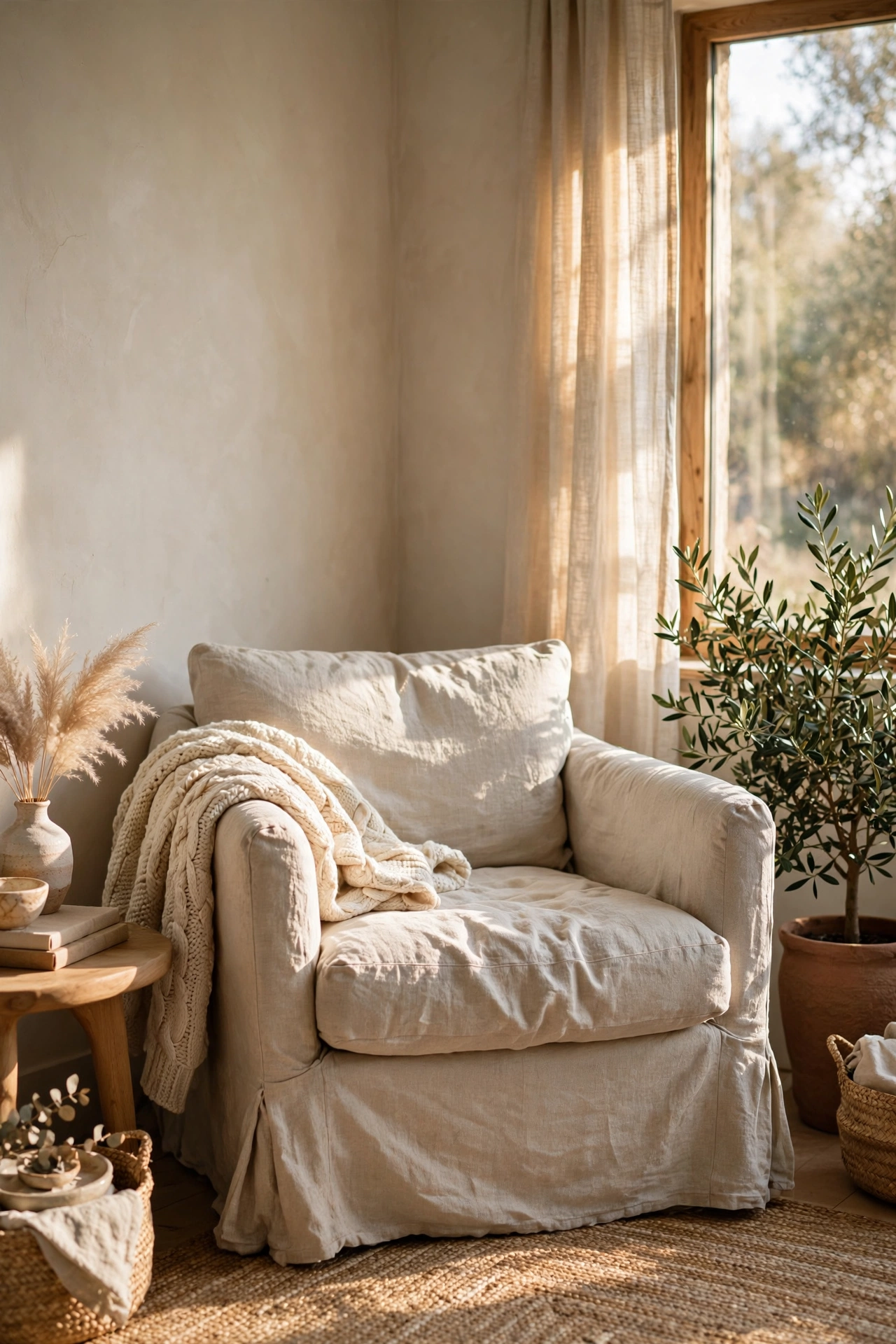 Linen slipcovered armchair in oatmeal with a knit throw in a cozy living room corner