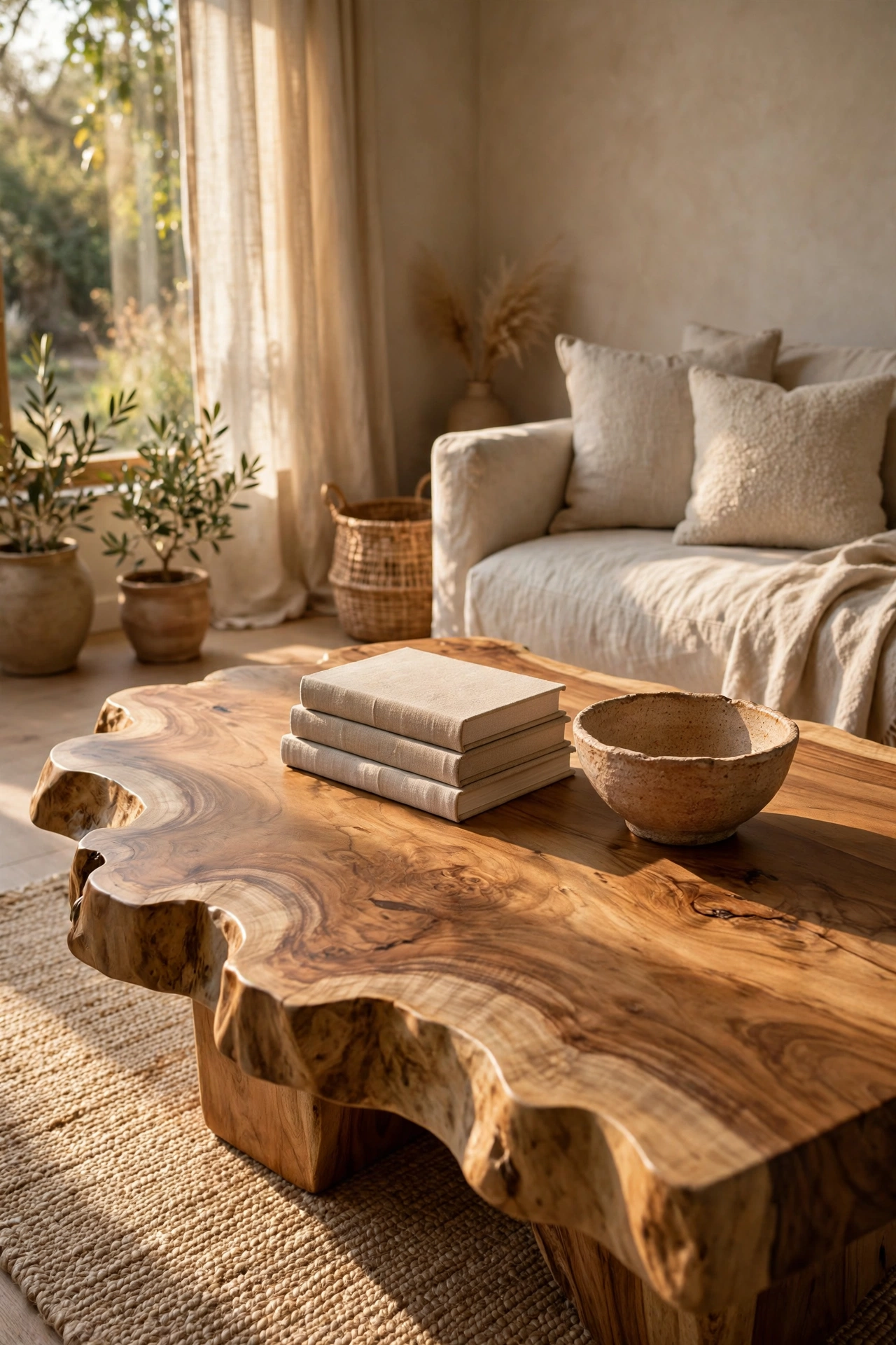 Live-edge wooden coffee table with ceramic bowl and books in a neutral living room