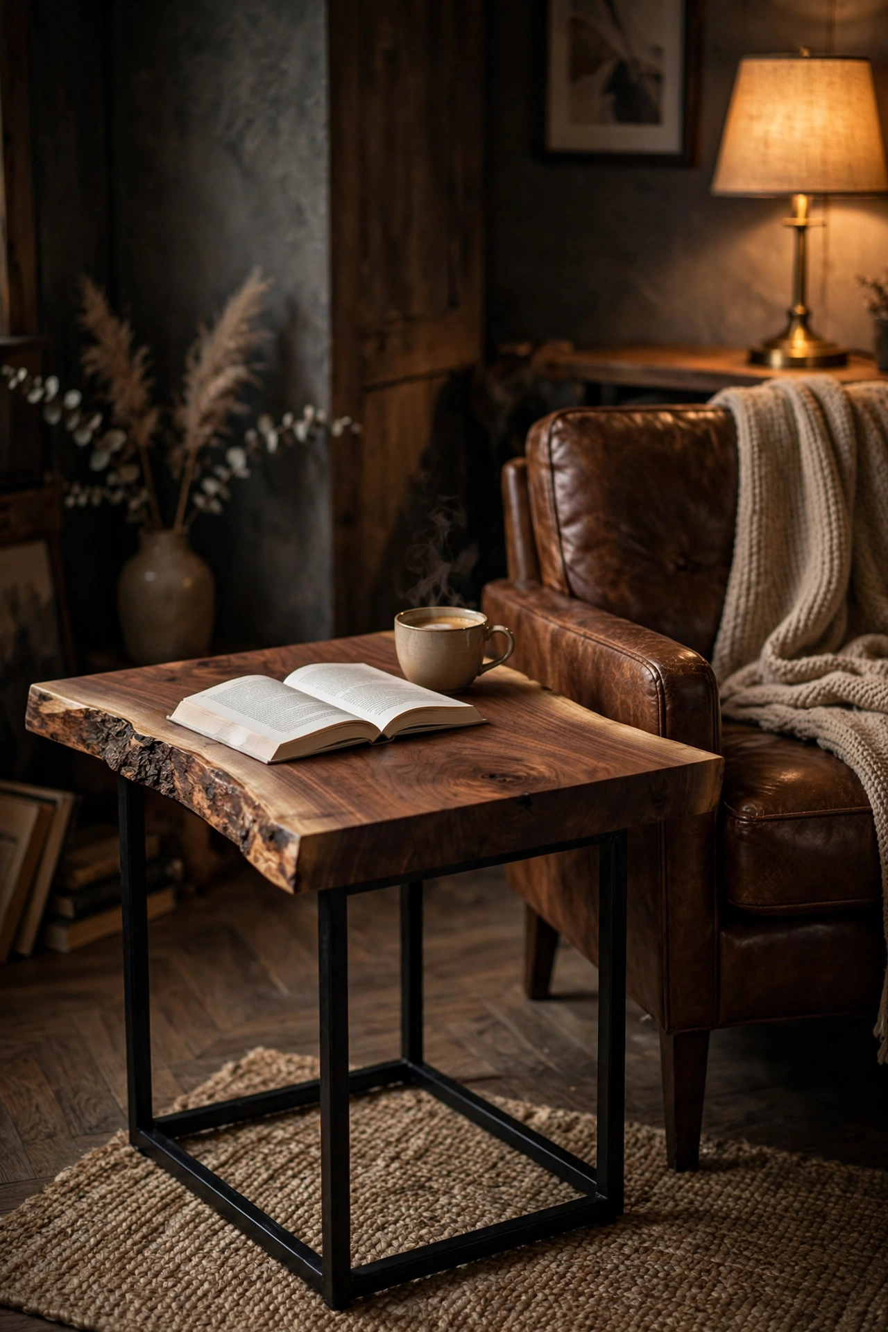 Live-edge walnut slab side table on steel legs beside a leather reading chair