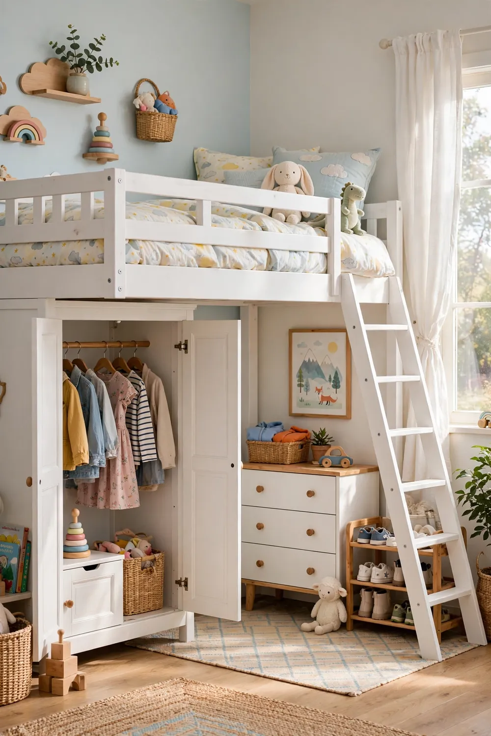 Loft bed with a full wardrobe and hanging space built underneath
