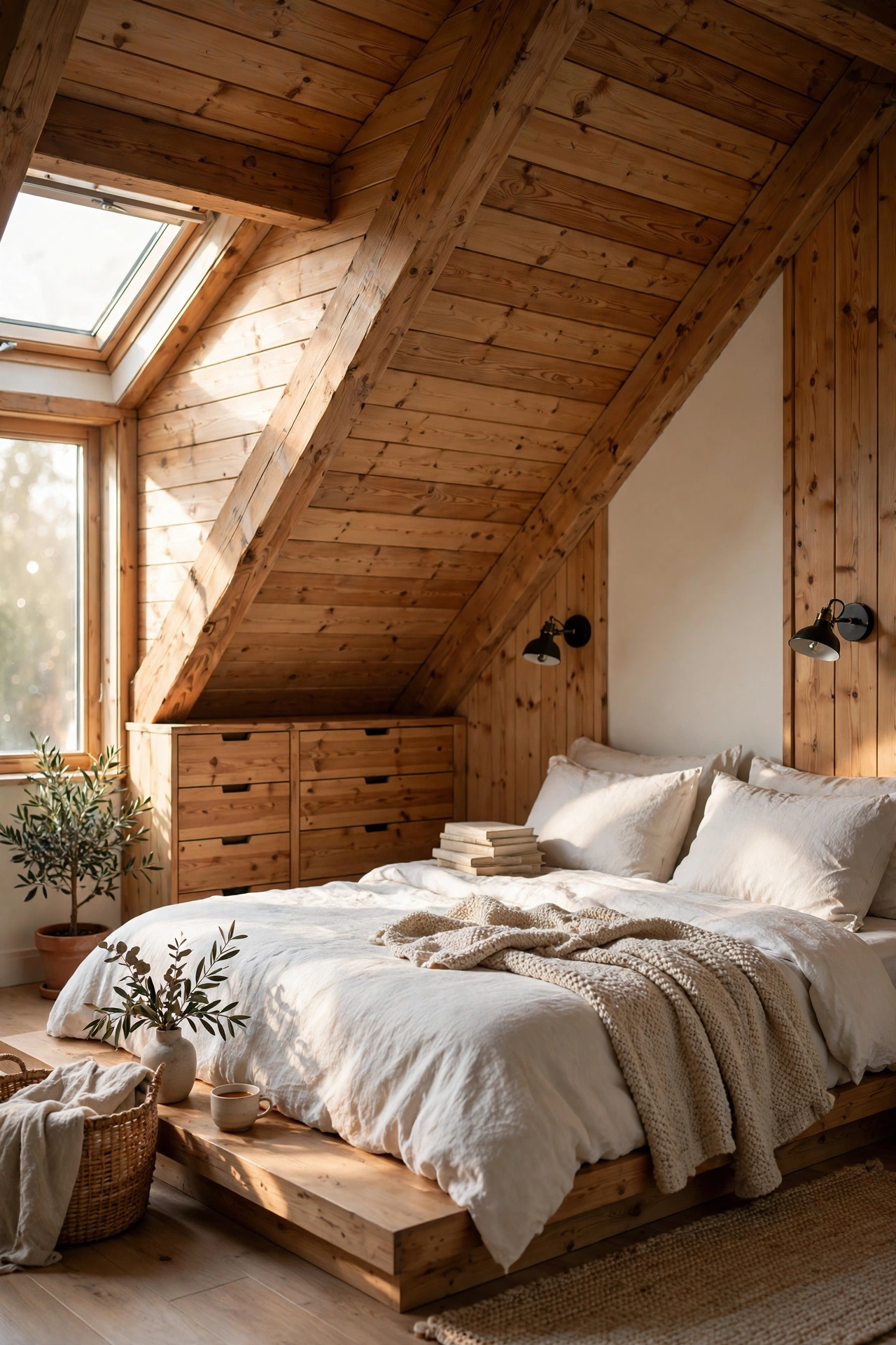 Cozy loft bedroom under sloped pine eaves with a low platform bed