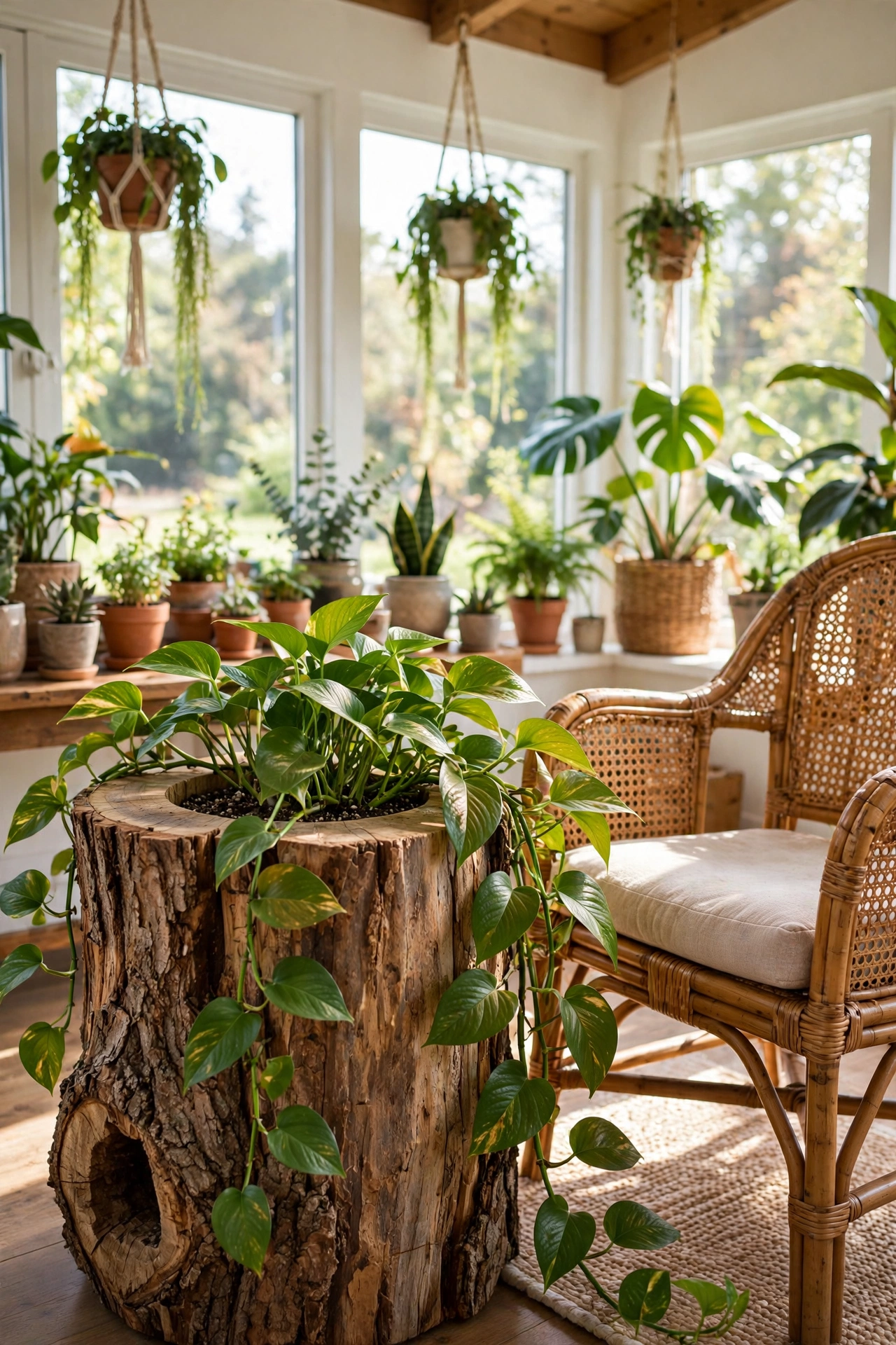 Hollowed log side table with trailing pothos plant beside a rattan chair