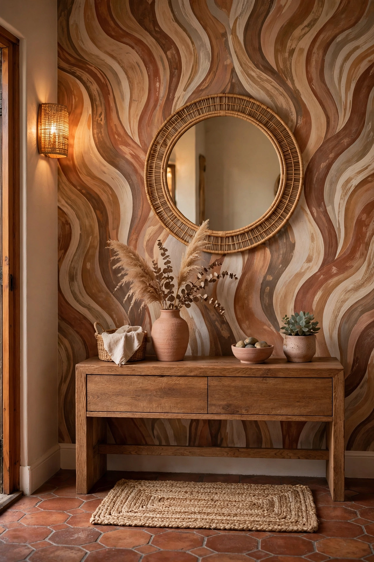 Artisan entryway with Loomwell earth-tone organic wavy line peel-and-stick wallpaper
