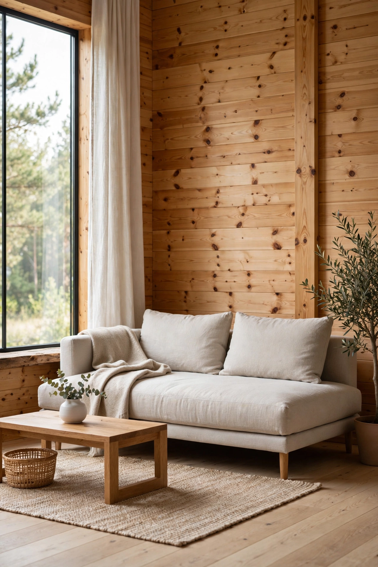 Low-profile modern sofa against knotty pine walls in a cabin living room