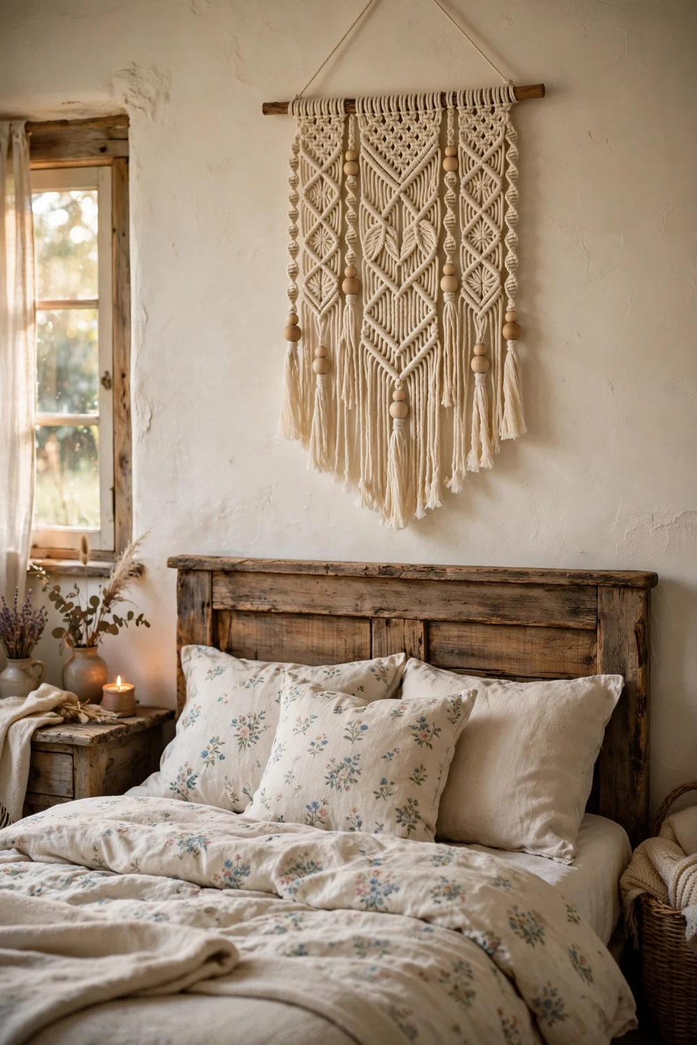 Cream macrame wall hanging above a wooden headboard in a cottage bedroom
