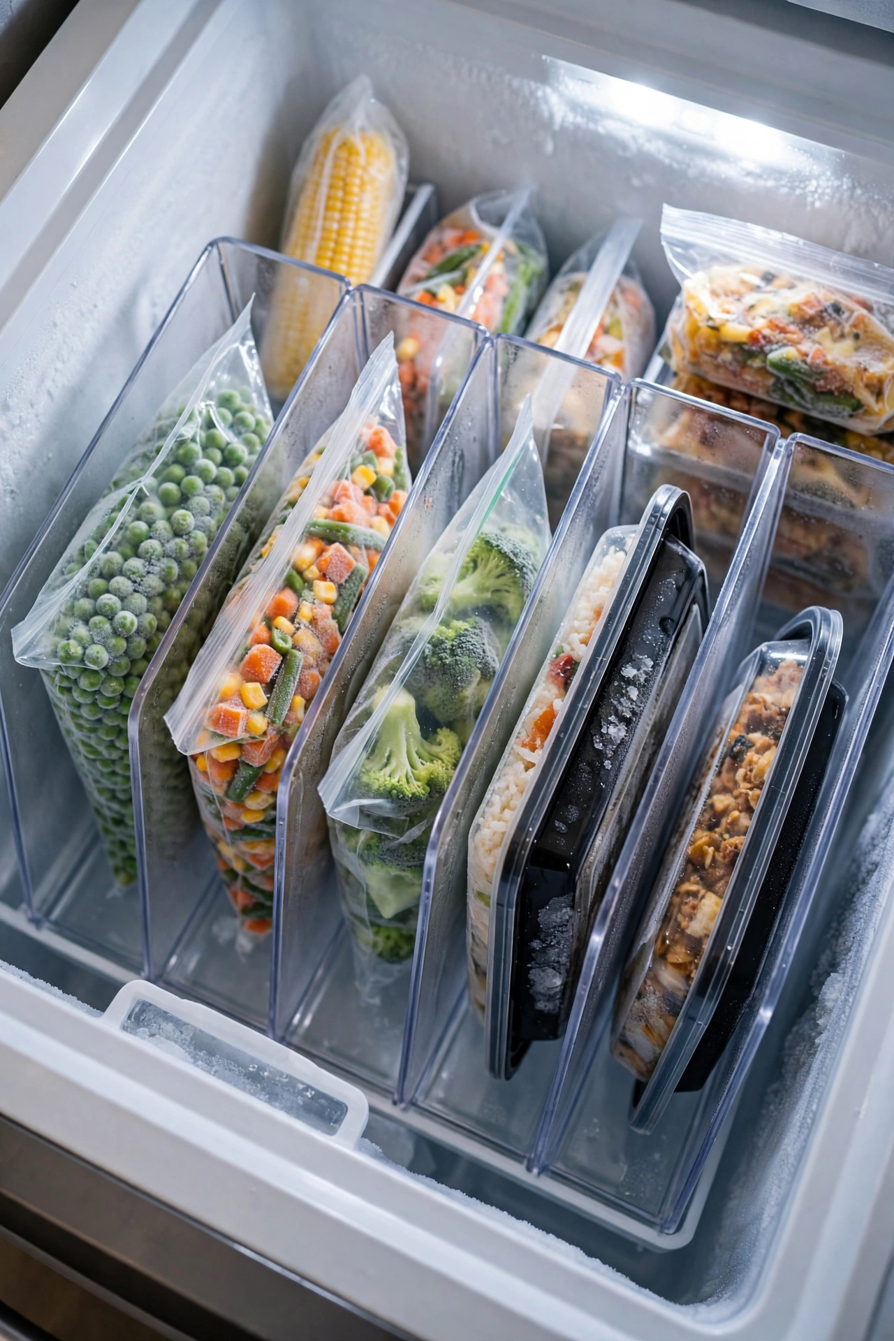 Plastic magazine holders in a freezer filing frozen vegetables and meals upright