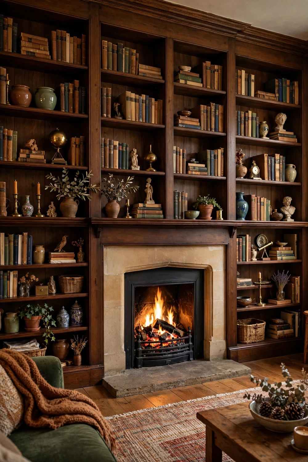 Fireplace mantel seamlessly integrated with built-in bookshelf design