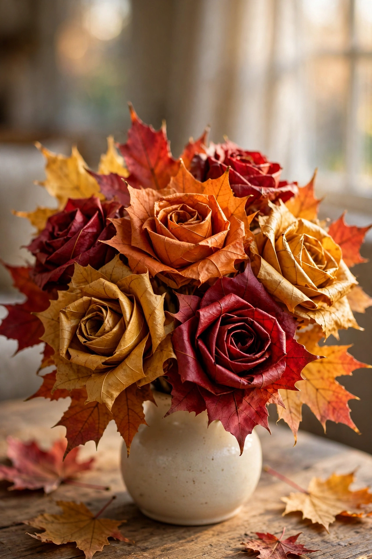 Handmade roses rolled from red and orange maple leaves arranged in a small vase