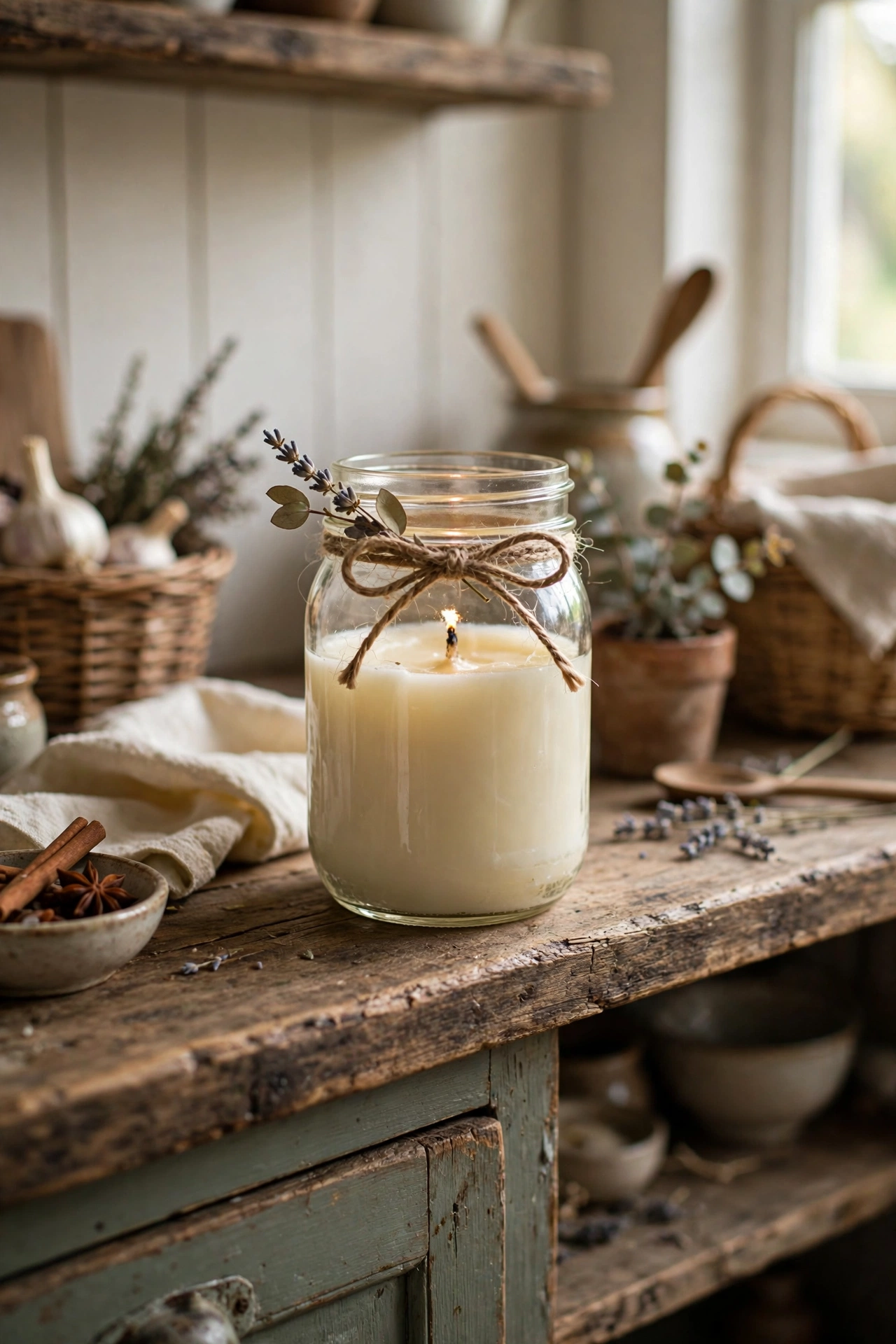Homemade farmhouse candle in a mason jar with twine bow on a rustic shelf