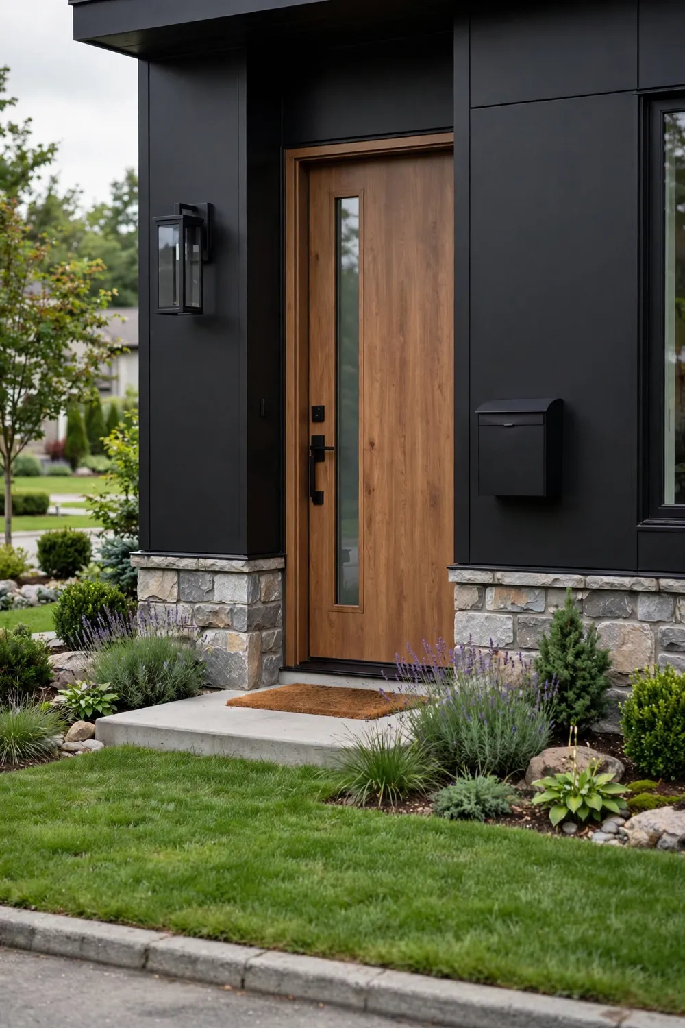 House entrance with modern matte black house numbers, matching mailbox and porch lantern above a tidy lawn