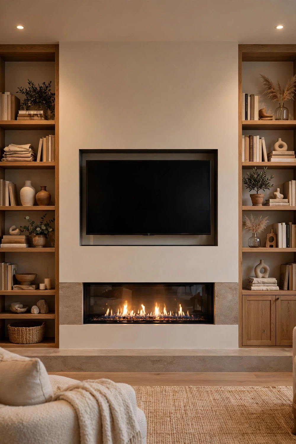 TV mounted above a fireplace with built-in bookshelves on both sides