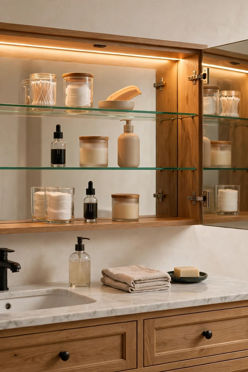 Bathroom vanity with an open mirrored medicine cabinet lit by a warm LED strip inside