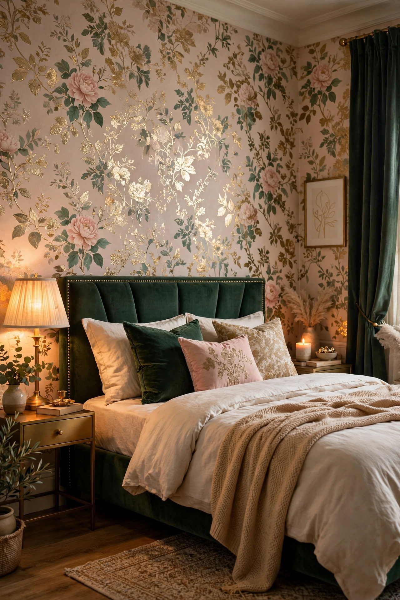 Luxurious bedroom with floral wallpaper featuring metallic gold accents catching lamplight