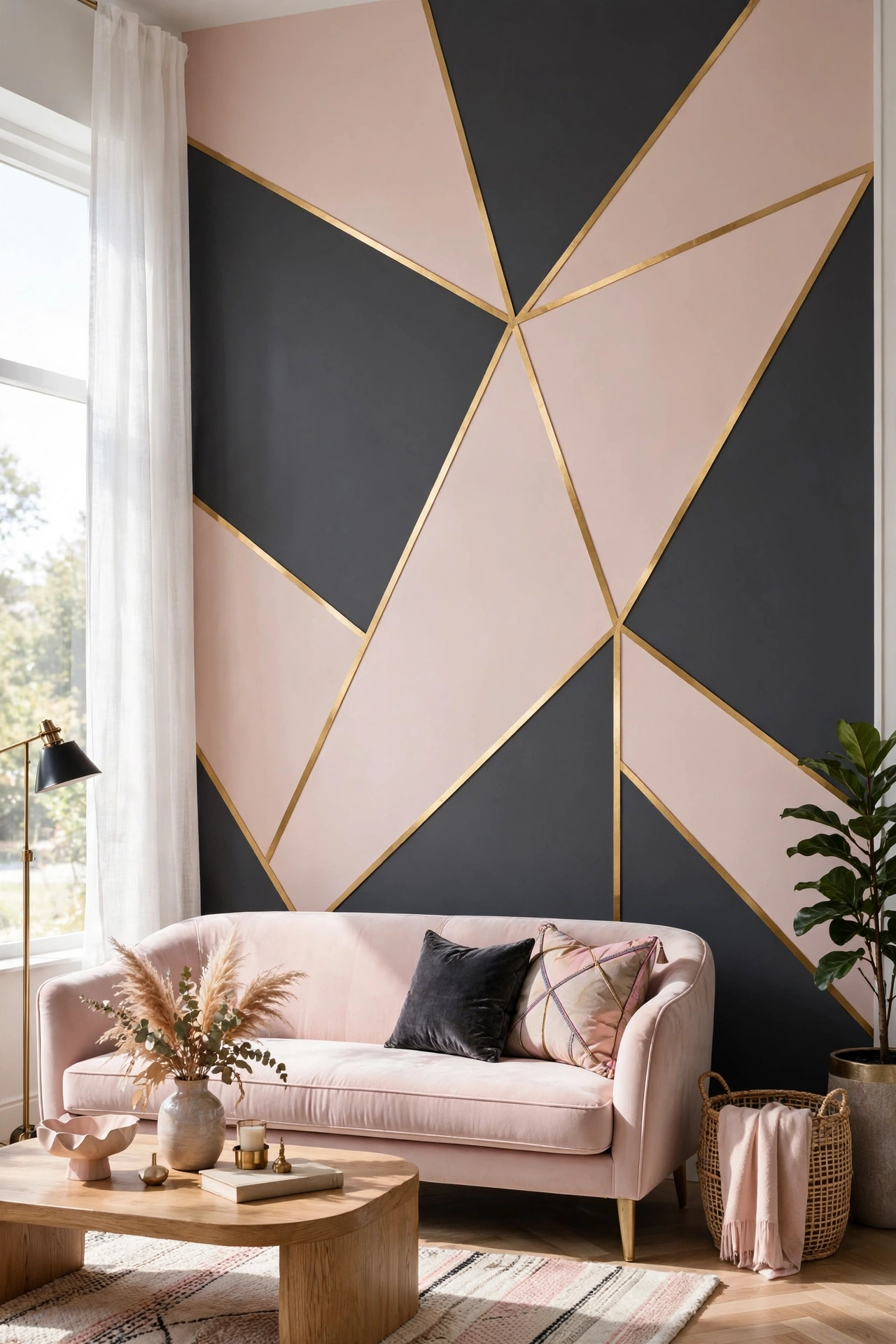 Sophisticated living room wall with two-tone geometric blocks and gold accents