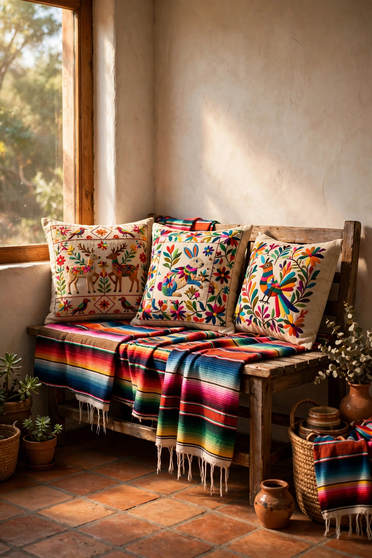 Cozy corner with colorful striped serape blankets and embroidered Otomi pillows