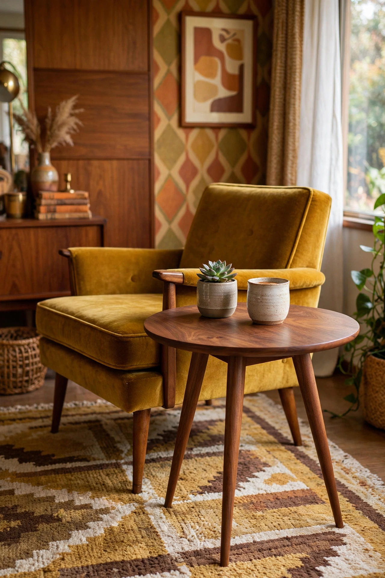 Mid-century modern round walnut side table with tapered legs beside a mustard armchair