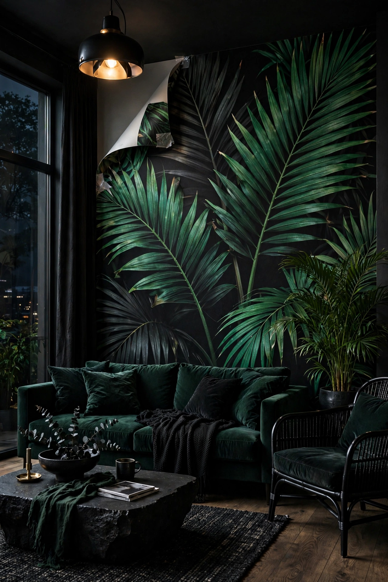 Bold living room with Milton and King emerald and black oversized tropical peel-and-stick wallpaper