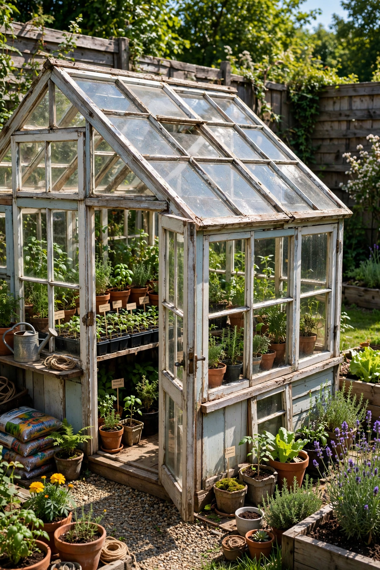 Small greenhouse built from repurposed old windows filled with potted plants